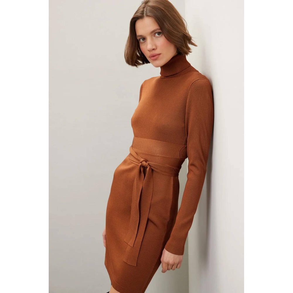 TOCARTR Tan Brown Ribbed Knit Turtleneck Cutout Back Sweater Dress XS